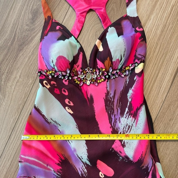 Pink Purple Colorful Abstract Embellished Gown Maxi Prom Dress - Picture 11 of 16